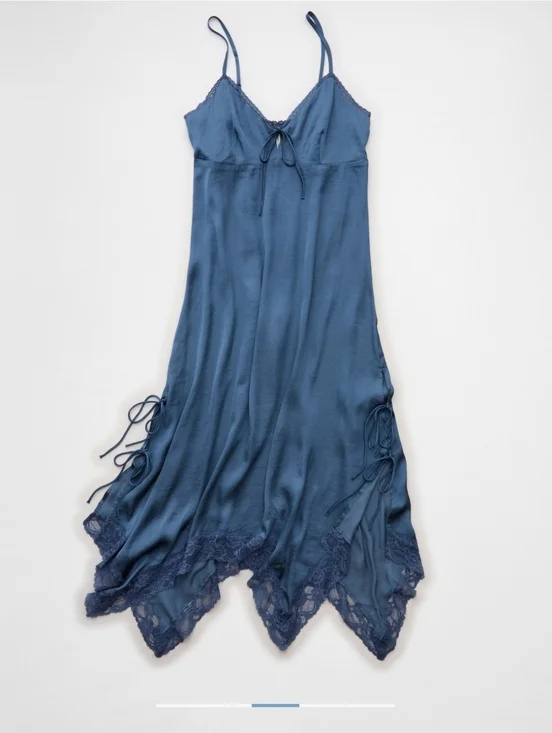AE Handkerchief Hem Tie Side Midi Slip Dress American Eagle NWT Navy Blue Sz L - Picture 3 of 12
